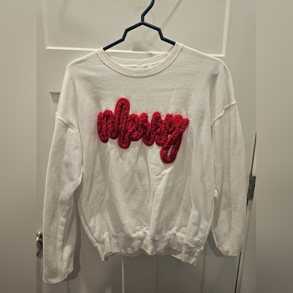 Tultex Merry Chenille Patch Christmas Sweatshirt White Red Size M Unisex Holiday